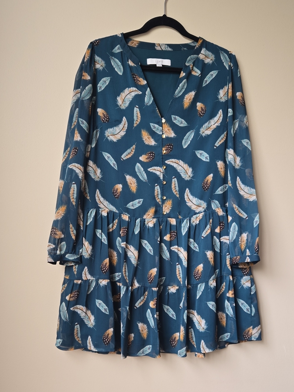 LOFT Teal Feather-Print Long Sleeve Tiered Dress